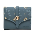 Blue-grey PU leather trifold wallet with leaf print and golden round metal buckle - Sapphire Blue