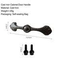 Vintage dark gray cast iron cabinet handle with two installation screws and size markings - Cast Iron Curved Floral Handle 7391