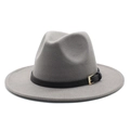 Detail view of the gray wool fedora hat with black leather band and gold metal buckle - Light Gray