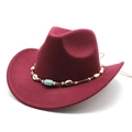Detail of burgundy felt cowboy hat featuring ethnic band with shells and turquoise - Burgundy