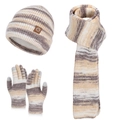 Beige and brown striped winter knit set with beanie, scarf, and touch screen gloves - Three-Piece Set / Khaki