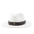Detail of white straw fedora featuring a brown leather band and metallic studs - M (56-58cm) / White