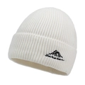 White ribbed knit beanie with black mountain peak embroidery for winter sports - One Size / White