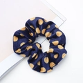 Dark blue velvet scrunchie with gold polka dot pattern and elastic hair tie design - Style 9 Blue with Gold Dots