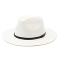Classic white woven straw Panama hat with black decorative band for summer beach sun protection - M (56-58cm) / White