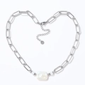 Silver paperclip necklace with rectangular baroque pearl heart-shaped layout - Necklace (YN870) / Silver