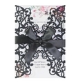 Invito matrimonio verde scuro glitter taglio laser con fiocco nero e inserto floreale - Nero Scintillante