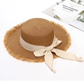 Straw sun hat with flat top, frayed edges and beige ribbon bow for beach vacation - Khaki With Beige Ribbon