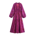 French style purple floral chiffon maxi dress with V-neck, long sleeves and tiered skirt - XS / Purple