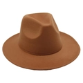 Detailed view of a brown wool fedora hat with a wide brim and classic pinched crown - One Size / Khaki