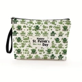 Canvas St. Patrick's Day makeup bag with clover print and wrist strap in beige - Leprechaun & Shamrock Design (Style 1)