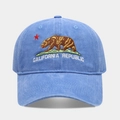 Close-up of California Republic bear embroidery on blue washed cotton baseball cap - Adjustable / Light Blue