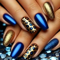 Unghie finte Coffin lunghe con glitter dorati, blu scuro e motivi leopardati - Metallic Blue Gold Glitter Leopard Coffin Style (CW793)