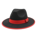 British style black wool fedora jazz hat with red brim trim and golden M logo detail - M (56-58cm) / Black