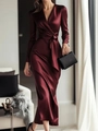 Detail of burgundy long sleeve satin dress featuring V-neck and waist tie-up closure - S / Dresses / Burgundy