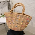 Beige straw tote bag with colorful tufted polka dots and thick twisted rope handles - Khaki With Colorful Pompoms