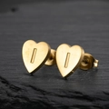 Vintage golden heart earrings with matte brushed texture and geometric groove design - Letter I / Gold
