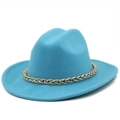 Cyan wide brim wool fedora hat featuring a chunky gold chain accessory for unisex style - M (56-58cm) / Lake Blue