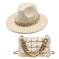 Close-up of beige felt fedora hat and quilted cloud bag with thick gold chain link straps - Beige Hat + Bag