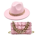 Ensemble chapeau fedora rose à bord large et sac nuage avec chaînes dorées - M (56-58cm) / Chapeau Rose + Sac