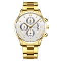Men's gold stainless steel watch with white dial, chronograph features, and calendar - White Dial Gold Hands Gold Band (Fork End)