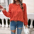 Elegant orange long sleeve blouse with hollow out embroidery and ruffle high neck - S / Orange