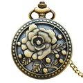 Vintage bronze pocket watch with hollow rose flower carving and classic metal chain detail - Bronze - Rose Flower Hollow