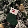 Green knitted Christmas stocking with white cuff and red embroidered letter S ornament - Green/Letter S