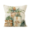 Weihnachtlicher Kissenbezug aus Leinen mit Aquarell-Geschenkbox und Blumen für Deko - Geschenkboxen & Sukkulenten