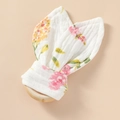 Baby teething ring with wooden circle and yellow floral muslin bunny ears fabric - Peach Blossom