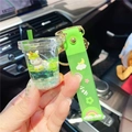 Green milk tea cup keychain with unicorn liquid quicksand and rainbow wrist strap - Green-New Milk Tea Cup Unicorn