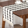 Beige cotton linen table runner with black wave patterns and handmade knotted tassels - White Lantern - Ordinary Tassels / 30*50cm