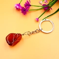 Handcrafted red agate crystal keychain with wire-wrapped irregular stone on metal ring - Red Agate