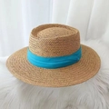 Detail of light brown straw hat with a sky blue ribbon on a soft white background - 55-58cm Adjustable / Yellow with Lake Blue Ribbon