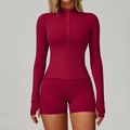 Women's deep rose red long sleeve sports top with thumb holes and matching shorts - S / Tops / Rose Red