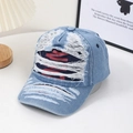 Distressed light blue denim baseball cap with vintage frayed holes and letter patches - L (58-60cm) / Light Blue