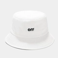 Detailed close-up of the black OFF embroidery on a white canvas bucket sun hat - M (56-58cm) / White