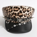 Punk style leopard print octagonal hat with silver spider and metallic spikes - M (56-58cm) / Yellow Leopard (Zirconia Spider)