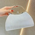 Elegant silver pleated evening clutch bag with crystal lock and round metal handle - Silver-Silver Hardware