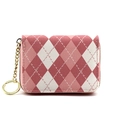 Pink and white checkered accordion wallet with gold zipper and chain keychain - Carmine Pink