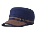 Close-up of navy cotton military cap with brown leather brim and FS FASHION metal logo - Adjustable / Navy Blue