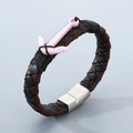Braided leather bracelet with pink anchor charm and stainless steel magnetic clasp - Brown Black Leather + Pink Anchor