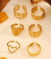 Set of 6 gold vintage irregular geometric open rings with heart and feather motifs - Stainless Steel Heart Wave Sun Ring Set (6Pcs) (27不锈钢戒指6个)
