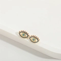 Close-up of gold stud earrings with colorful evil eye zircon stones on white stand - Dark Blue Evil Eye Style