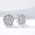 Macro shot of round micro-pave cubic zirconia stud earrings with silver-tone plating - Silver White Zirconia