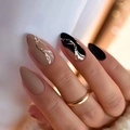 Almond shaped press-on nails with matte nude pink and glossy black gold foil textures - Matte Black Nude Pink Gold Marble Almond Shape(JP2849-Glue Style)