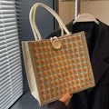 Linen handbag with orange and blue checkerboard pattern and rope handles - Button Decor Style / Orange