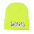 Neon yellow knit beanie featuring MAMA towel embroidery patch in a minimalist street style - Neon Yellow