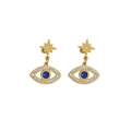 Gold evil eye earrings with star studs and blue crystals in a minimalist stainless steel design - Gold (DEK459)