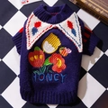 Schattige donkerpaarse gebreide hondentrui met kleurrijke bloemborduursels - XS (Aanbevolen gewicht 0,5-1,5 kg) / Blauwe circus # trui